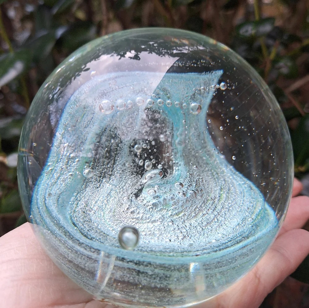 Bubble Glass Paper Weight Hand Made Blown Magic Teal Aqua Green Tinted Pearl - Picture 13 of 16